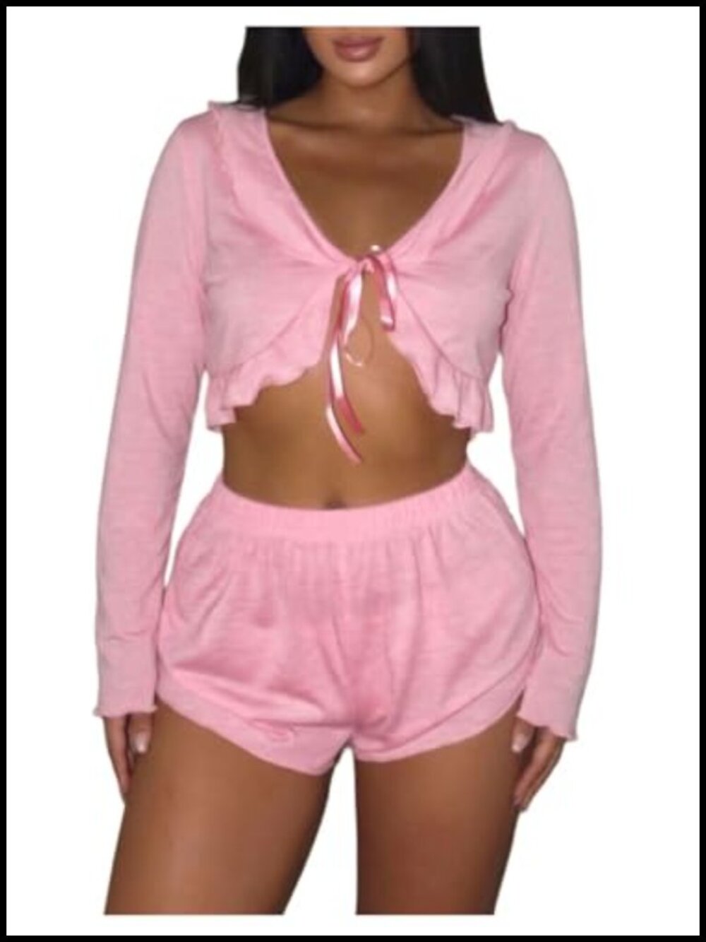 Two Piece Pajama Set Tie Front Ruffle Crop Top & Shorts Sleepwear